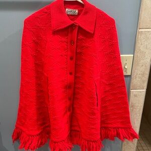 Vintage Cuddle Knit red fringed cape poncho buttonfront design collared neckline